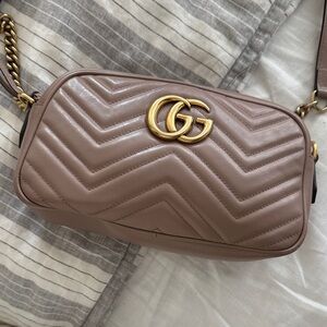 Gucci Chevron Leather Camera Bag in Taupe Pink with Gold GG